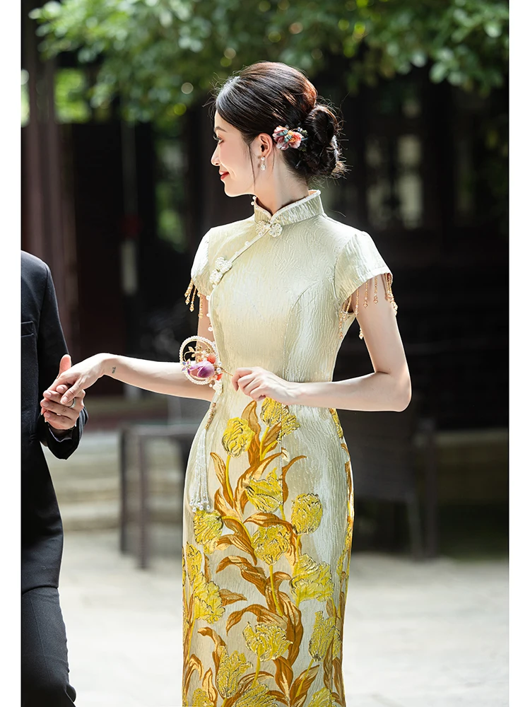 

Роскошная женская юбка цвета шампань для помолвки и свадьбы, матовая, в китайском стиле, со средней талией