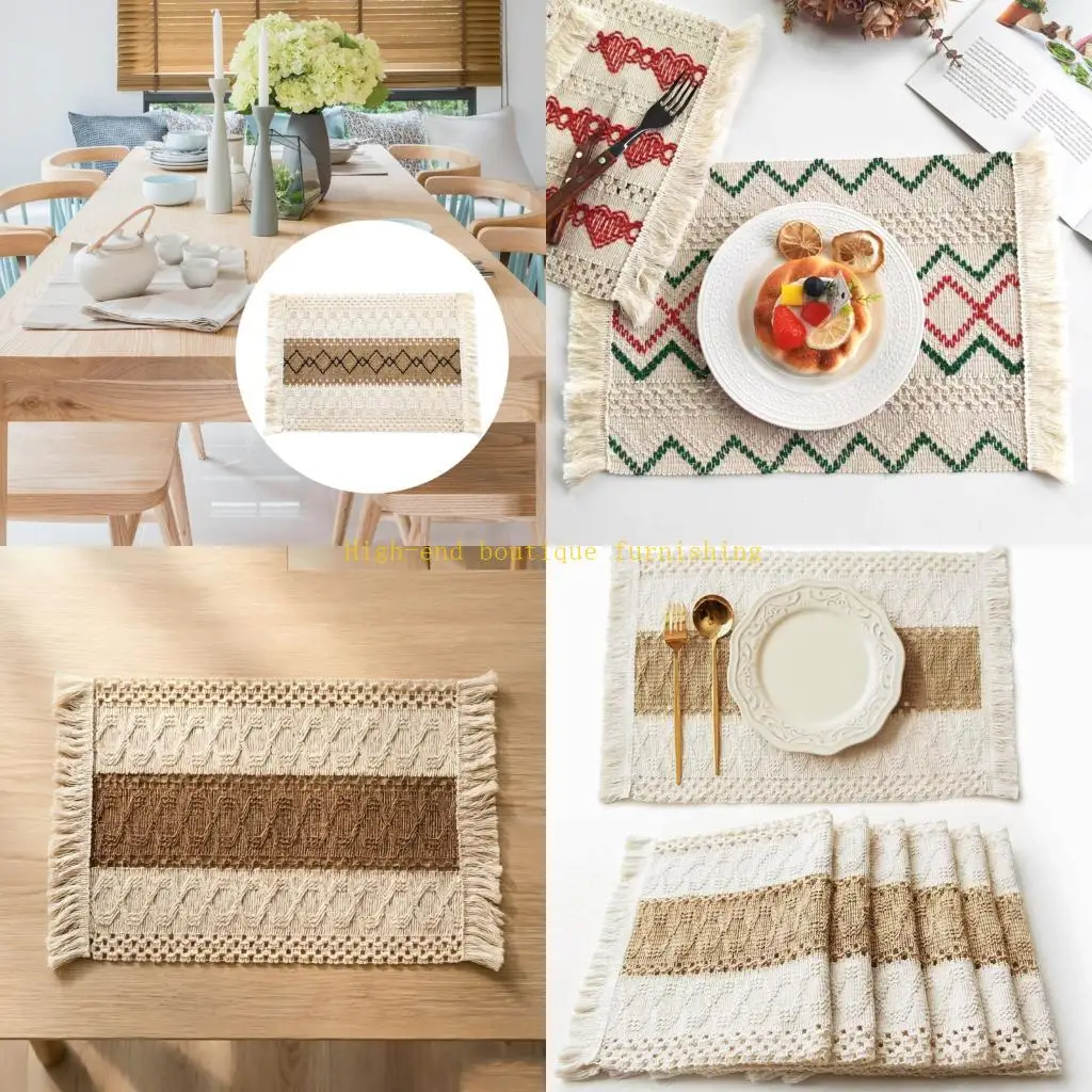 L9NB Retro Styles Colorful Dining Placemat Handwoven Tassels Detail Water Resistant