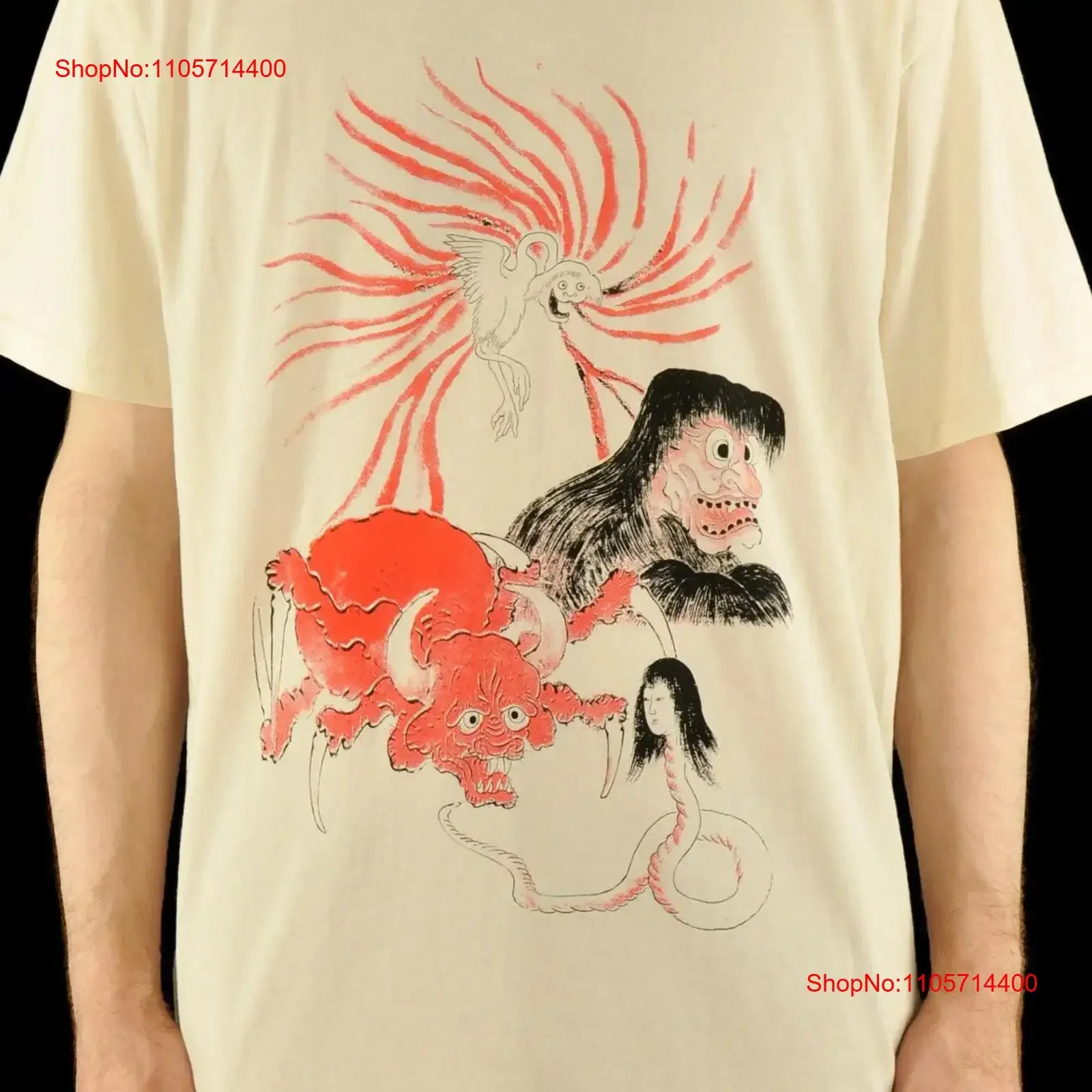 ORGANIC Quadruple Yokai Japanese Demons Collage T Shirt NATURAL UNBLEACHED vintage Washed Slightly Breathable Versatile