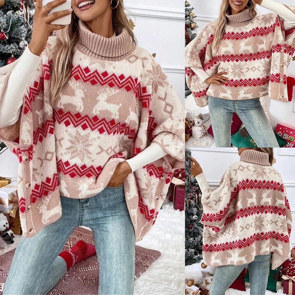 Women Christmas Sweater Half High Collar Dolman Sleeve Warm Pullovers Autumn/Winter Crochet Elk Contrast Pattern Jumper Knit Top