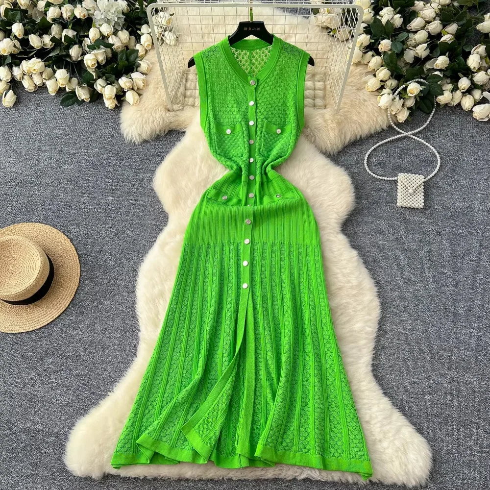 

Elegant V-neck Vintage Sleeveless Single Breasted Chic Hollow Out Hook Flower Knit Slim Long Dress Vacation High Street Clothing