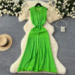 Elegant V-neck Vintage Sleeveless Single Breasted Chic Hollow Out Hook Flower Knit Slim Long Dress Vacation High Street Clothing