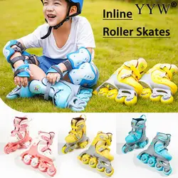 Kids Inline Roller Skate Shoes Flashing 4 Wheels Skates Set With Helmet Elbow Knee Pads Protective Gear Adjustable Size Sneakers
