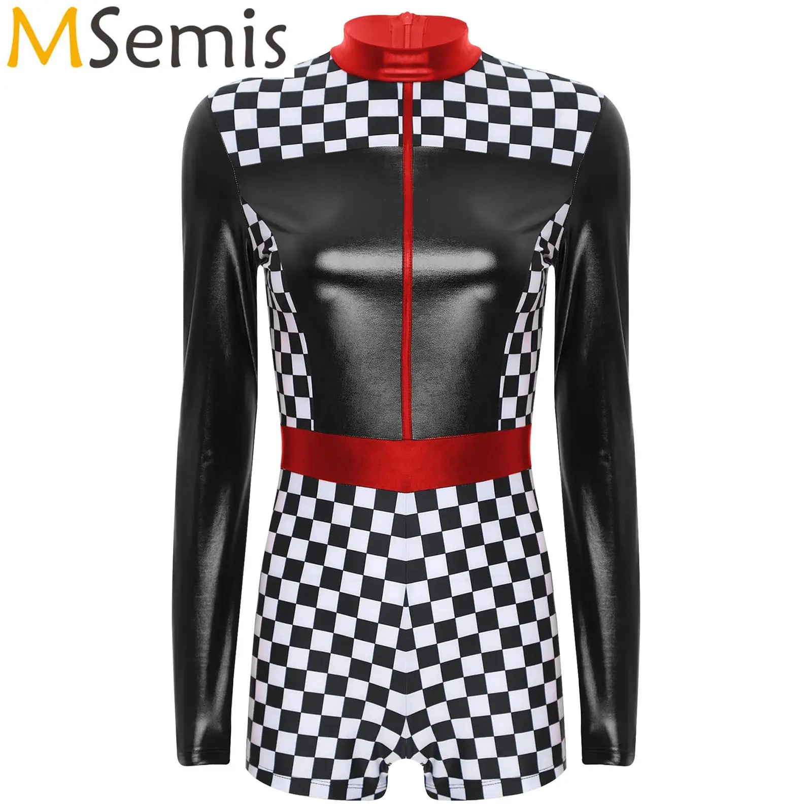 Womens Checkerboard Print Race Car Driver Jumpsuit Race Car Driver Cosplay Outfits Jumpsuit Racer Racing Girl Uniform Boyshorts