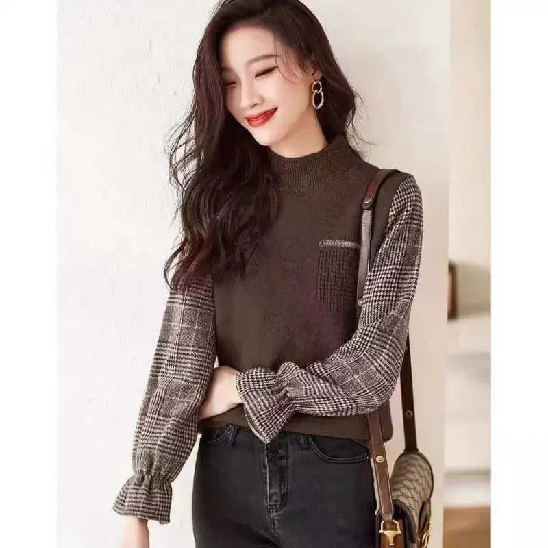 

Fashion Spliced Fake Two Pieces Plaid Blouses Women's Clothing Autumn Winter Loose All-match Tops Butterfly Sleeve Shirts E679