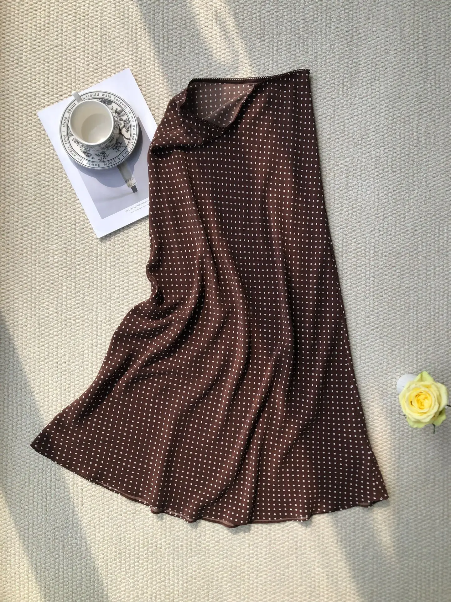 2026 Women Fashion Print Elastic Waist 5-Color Elegant 100% Silk Diagonal Cut Long Skirt