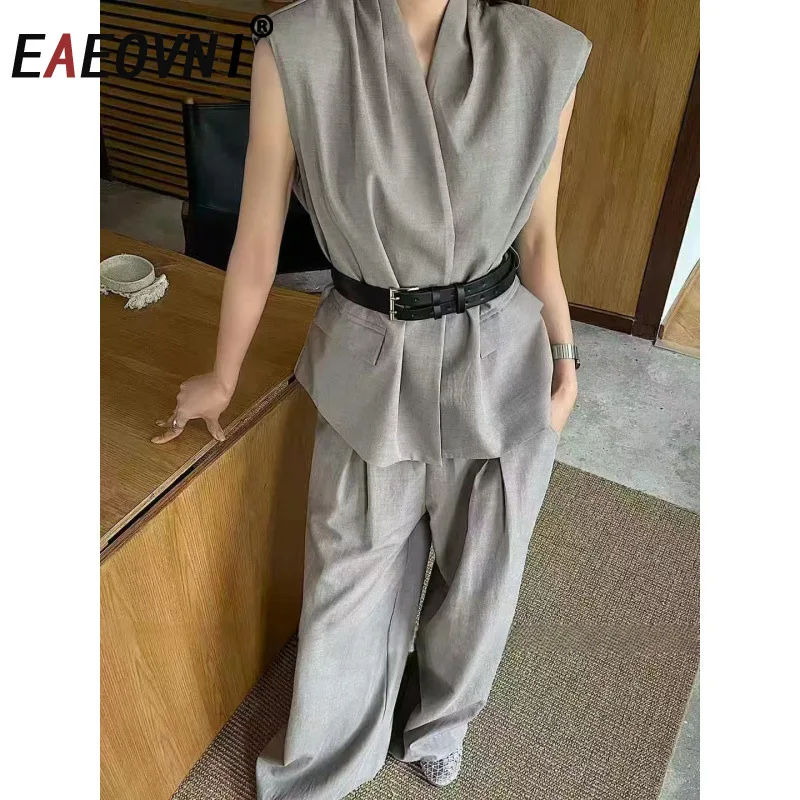 

EAEOVNI Office Lady Two Piece Set Women Fashion Sleeveless Belt Gathered Waist Coat + Wide Leg Long Pants Summer New 1A1217