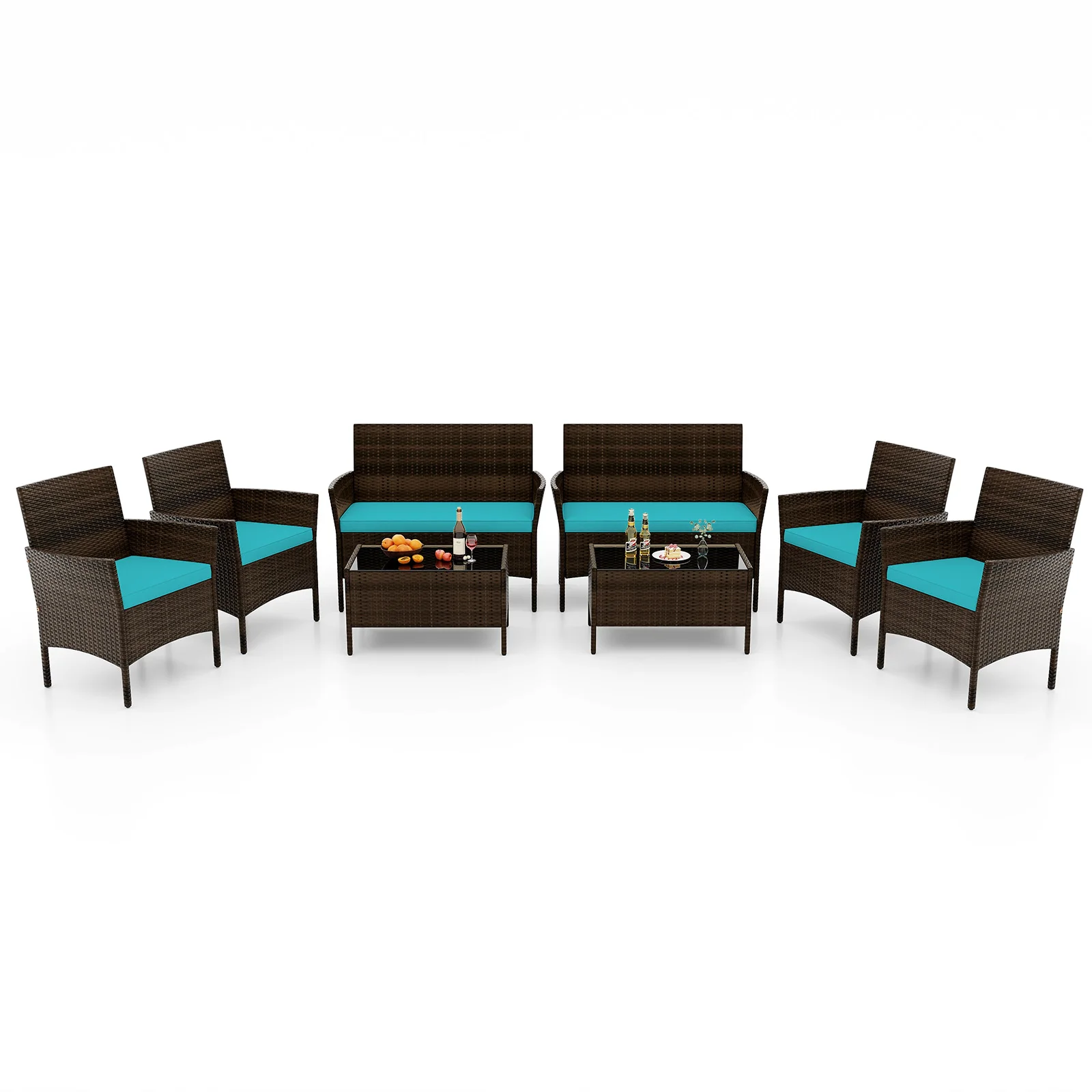 8 PCS Patio Furniture Set with Washable Cushions and Tempered Glass Coffee Table Turquoise