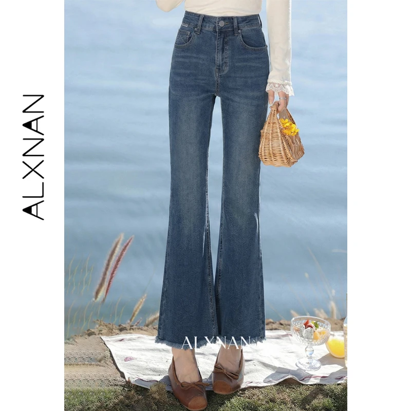 

ALXNAN Vintage Flared Jeans Women High Waist Denim Pants Frayed Hem Bootcut Casual Cotton Trousers Retro Wide Leg Jeans L61368A