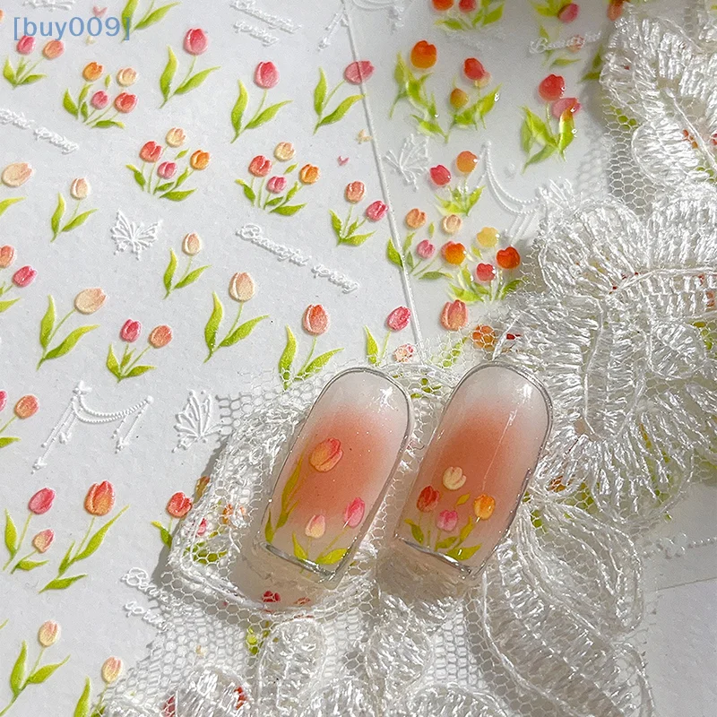 1 Sheet Relief Elegant Tulip Nail Art Stickers Kawaii Flower Adhesive Nail Decorations Decals DIY Manicure Accessories