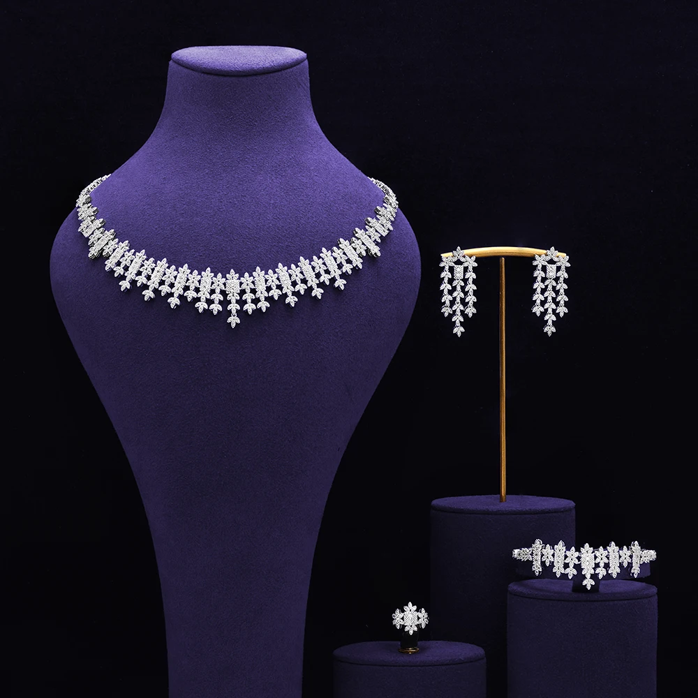 

Новинка 2023 года, 4 предмета, полный комплект свадебных украшений с кубическим цирконием, женский комплект ювелирных изделий для вечеринок, роскошный комплект свадебных украшений с кристаллами CZ в Дубае, Нигерии