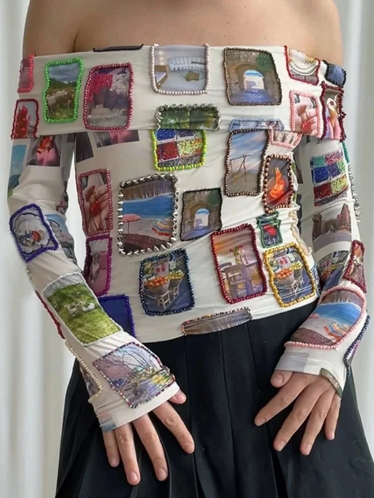 قميص مطبوع قبالة الكتف المحاصيل الأعلى النساء Y2k ملابس طويلة الأكمام النسوية قميص سليم صالح Camisetas الكورية Ropa De Mujer