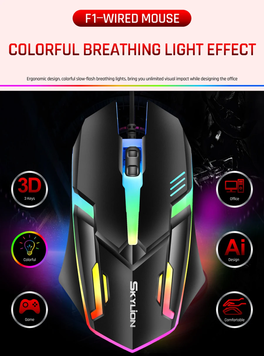 F1 Wired 3 Keys Mouse Colorful Lighting Gaming and Office For Microsoft Windows and Apple IOS System