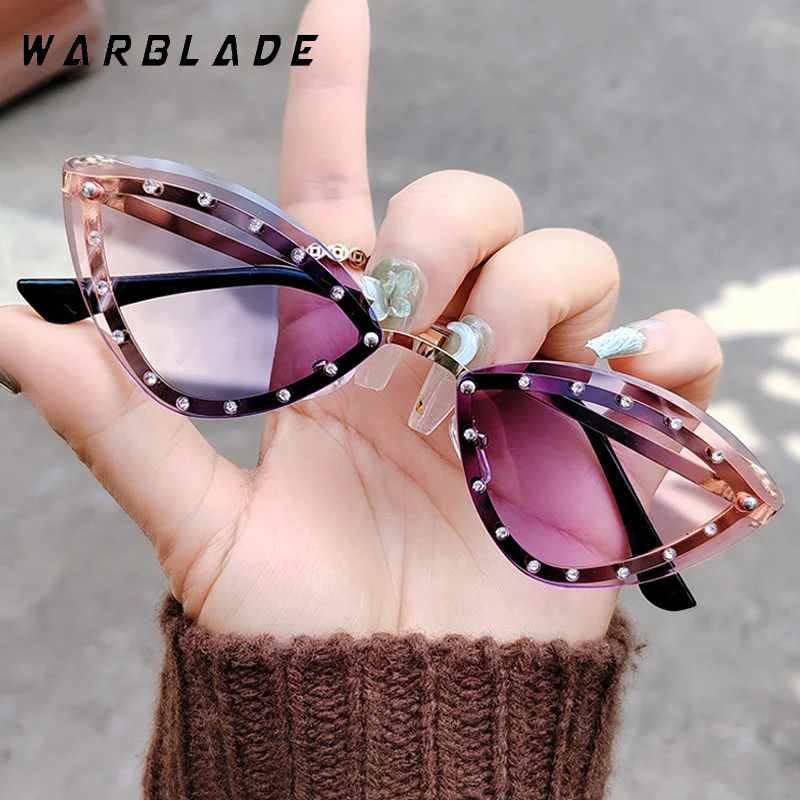 

2025 Triangle Cat Eye Sunglasses Alloy Rimless Crystal Shiny Sun Glasses Female Unique Elegant Colorful Rhinestone Shades UV400