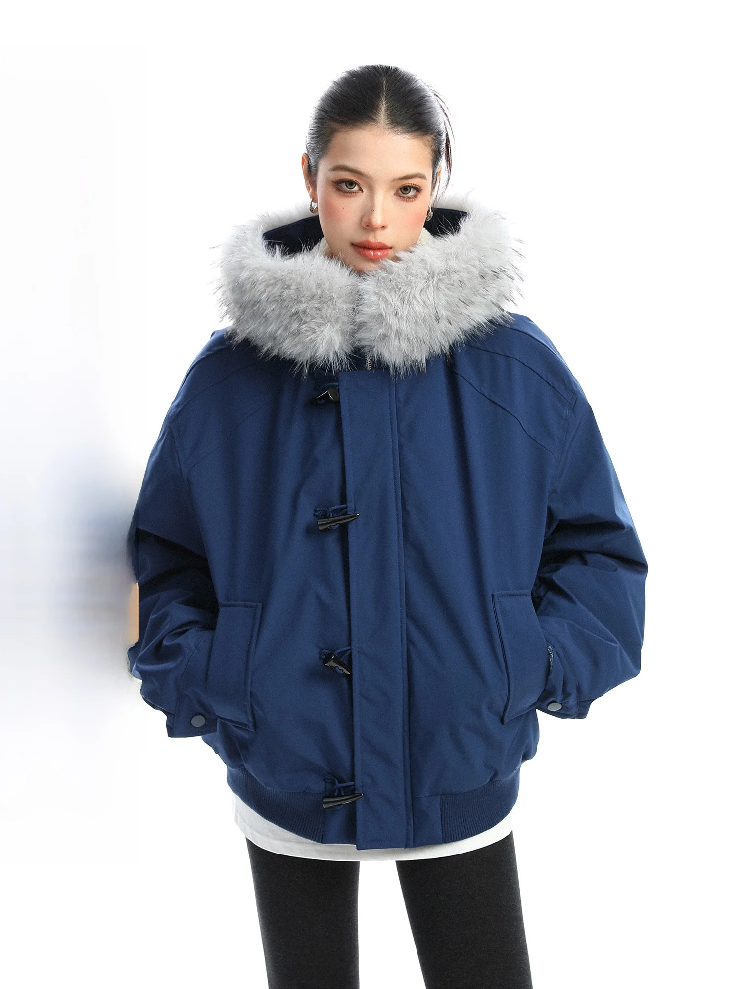 

Thiened American Sle Hooded Coat with Detachable Fur Collar for Women Winter Warm Couple Outerwear Cotton Clothes