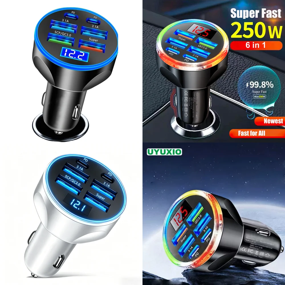 Trending Products 2026 USB Car Charger 4 PD 4 USB a with Voltage Display Multi Port  Super Fast Charge Adapter with Volt Meter