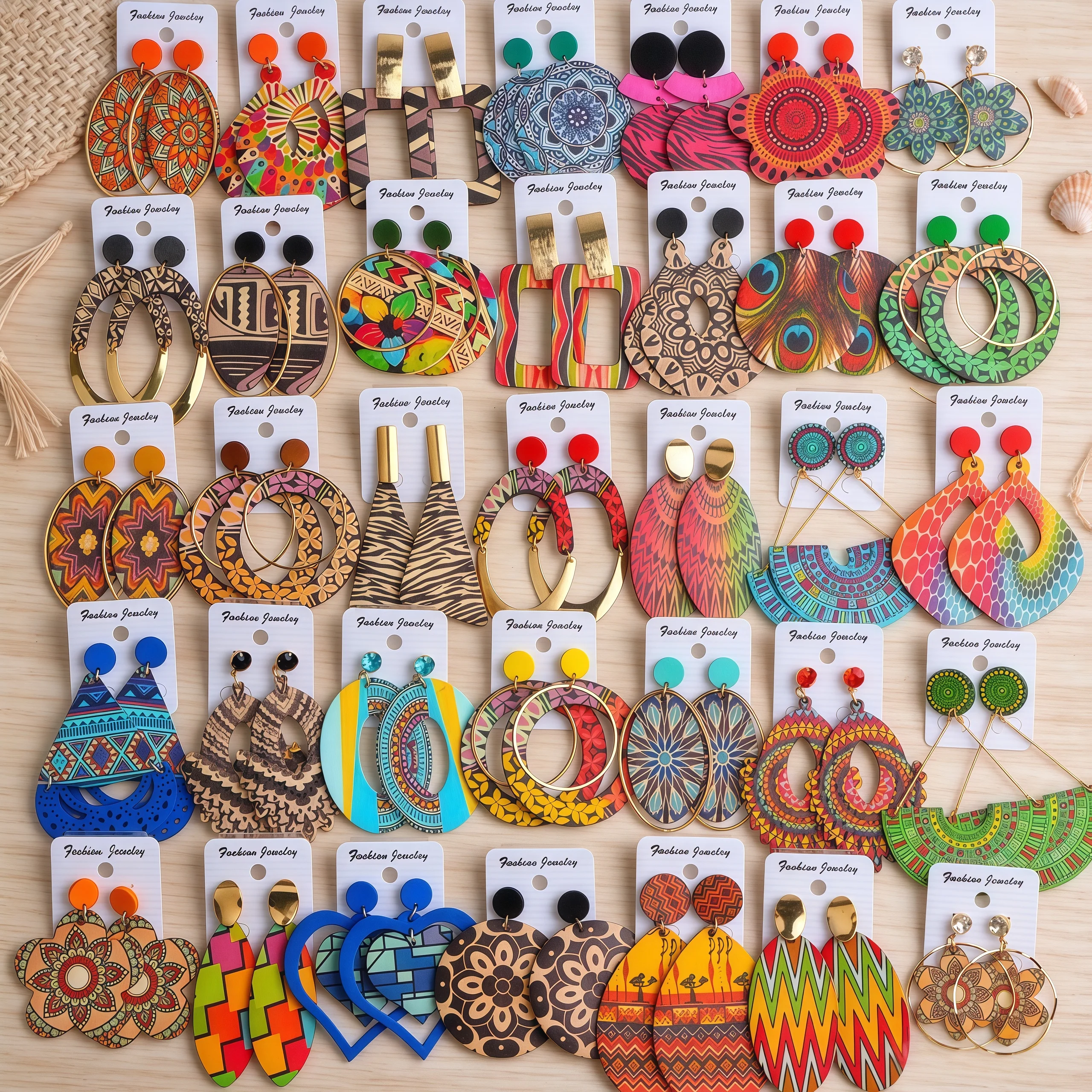 12Pairs/Lot Retro Bohemian Ethnic Style Colorful Print Wooden Earrings Fashion Water Drop Geometry Pendant Women's Jewelry Gifts