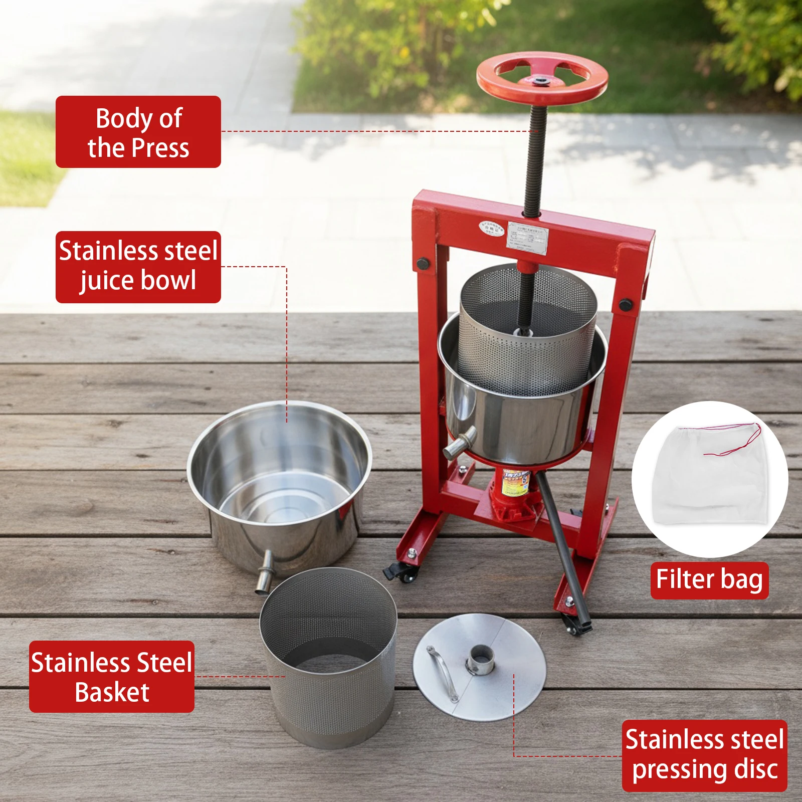 

9L Manual Fruit Honey Presser W/ Keg & Metal Strainer Hydraulic Apple Grape Cider Press for Carrots Oranges Berries & Vegetables