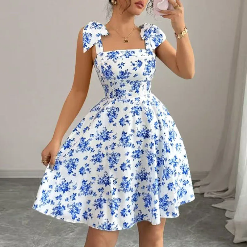 Kleider für Damen, elegantes Damenkleid mit Spaghettiträgern, Schnürkleid mit Print, A-Linien-Kleid für Damen, neues Sommerkleid, Vestidos De Verano Mujer Q5332
