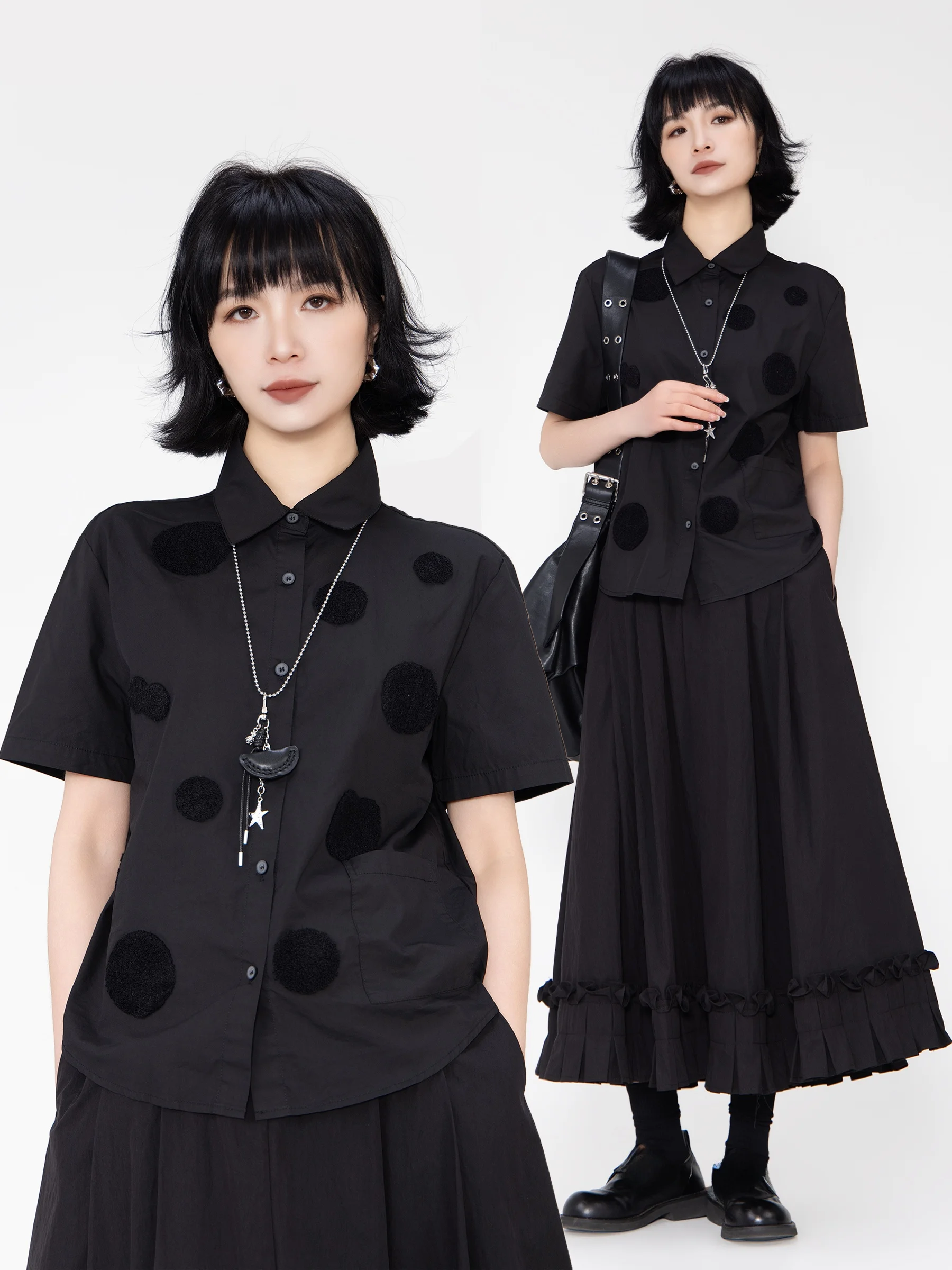 

Bookru 2026 Summer New Casual Short Sleeve Black Polka Dot Women's Shirt Collar College Style Breathable Cotton Skin-friendly