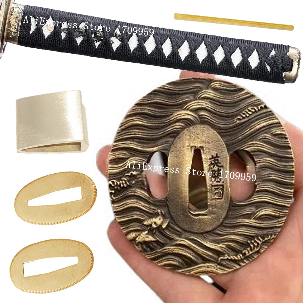 A Set Alloy Guard For Japanese Samurai Katana/Wakizashi Sword Handle Parts Tsuba+Menuki+Fuchi+Kashira+Habaki+Seppa Fittings