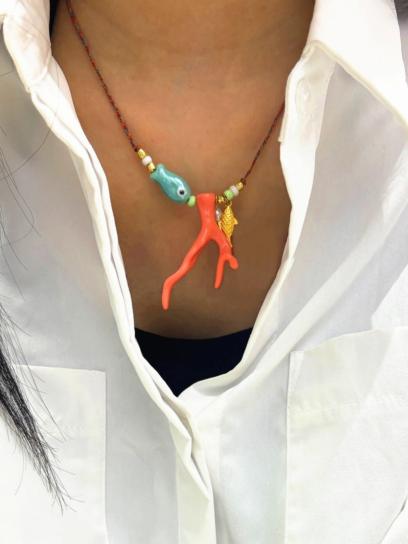 Charm Ocean Imitation Coral Glass Fish Pendant Rope Necklace Women's Vacation Party Accessories