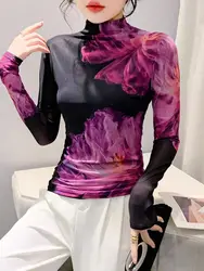 High Neck Printed Positioning Flower Mesh Bottoming T Shirt Women Autumn Winter New Fashion Top
