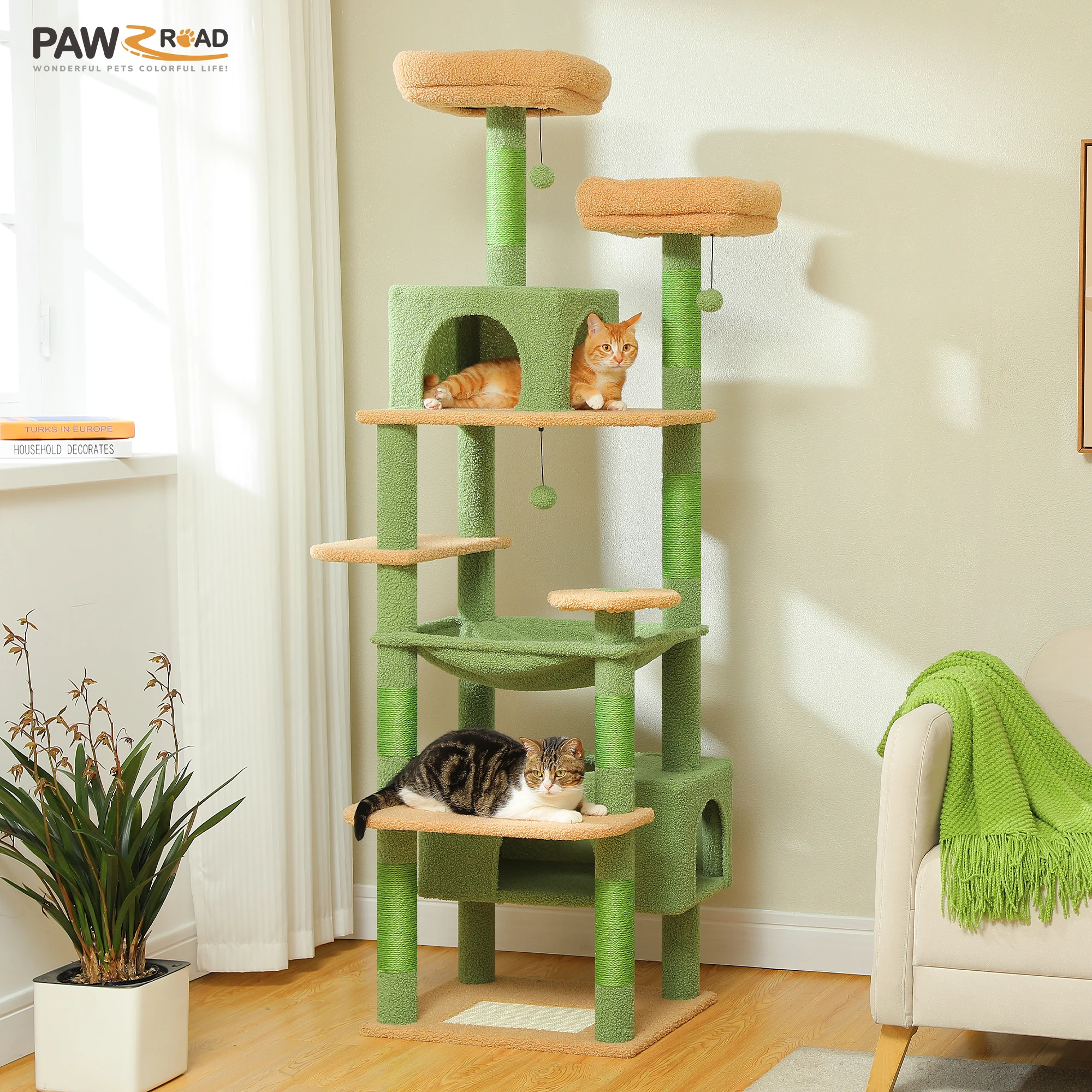 

184cm Large Cat Tree Tower for Indoor Cats With Sisal-Covered Scratching Posts Spacious Hammock Padded Perches and Condos Green