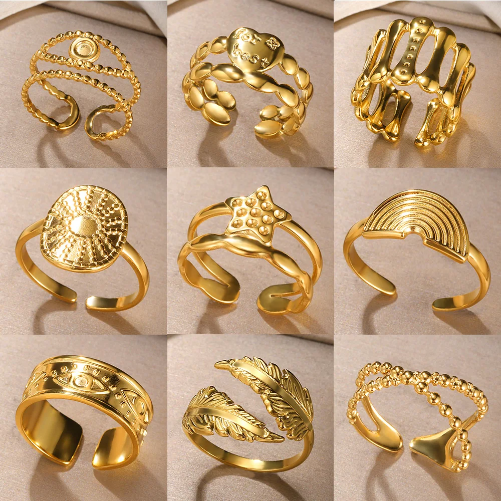 Trendy Stainless Steel Open Rings For Women Geometric Leaf Heart Ring Gold Color Adjustable Rings Jewelry Gift