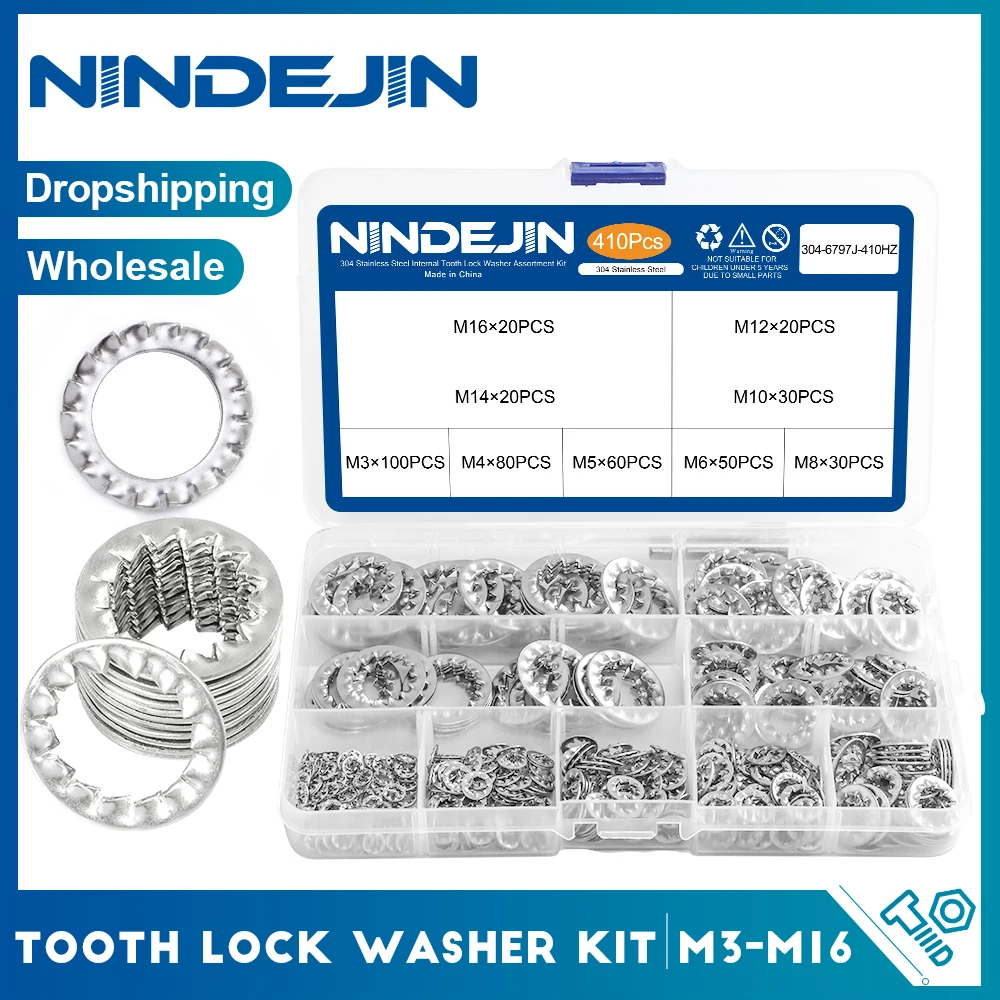 NINDEJIN 410pcs/set external internal tooth lock washer assortment kit stainless steel m3 m4 m5 m6 m8 m10 star lock washer