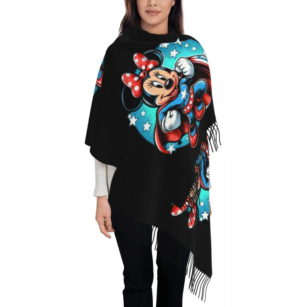 

Custom Mickey Mouse Anime Cartoon Scarf Wrap Women Long Winter Warm Tassel Shawl Unisex Scarves