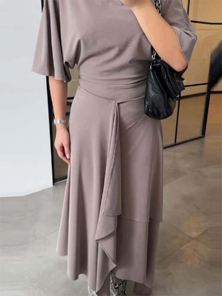 

Women's Solid Color Asymmetric Midi Dress Elegant Chic Belted Waist Sleeveless Hem Wrap Dress 2026 Office Party Daily Robe