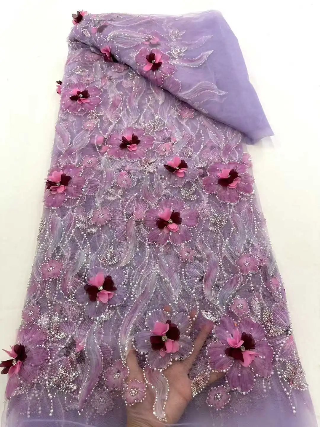 

Африканское 3D-кружево с цветочными бусинами, высококачественный французский нигерийский тюль с вышивкой пайетками для свадебного платья 2026