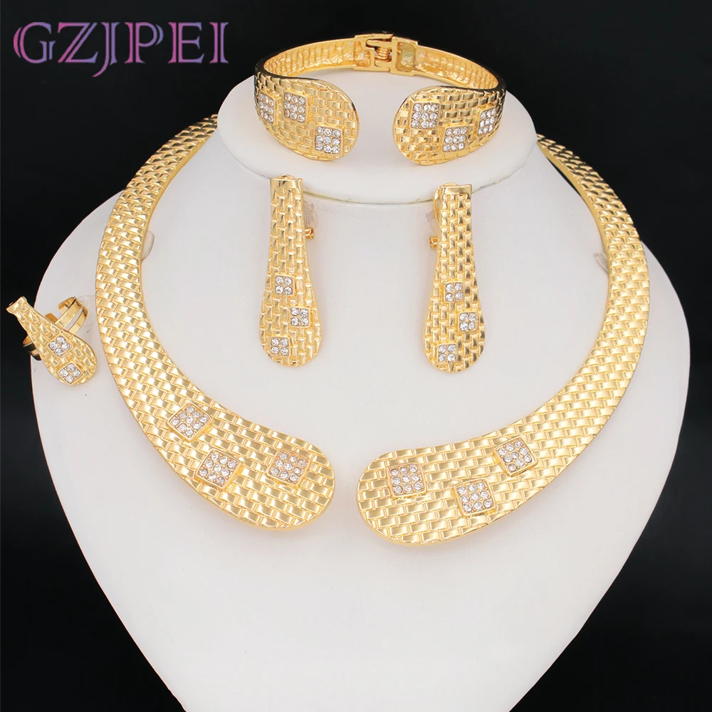 

GZJPEI 4Pcs Design Geometry Jewelry Set 18K Gold Plated Cuff Bracelet Necklace Long Earrring For Women Daily Jewelry Accessories