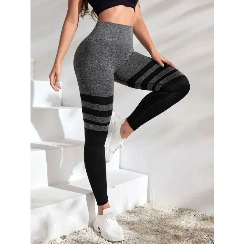 Black Stripe Leggings Women Seamless Slim Tights Gym Trainning Running High Waist Hip Liftting Fashion Knit Yoga Fitness Pants