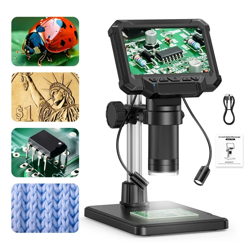 Digital Microscope with 4.3inch IPS Screen 1600X Coin Mirroscope with Lights 1920P HD Video Microscope for PCB, Coins, Plants