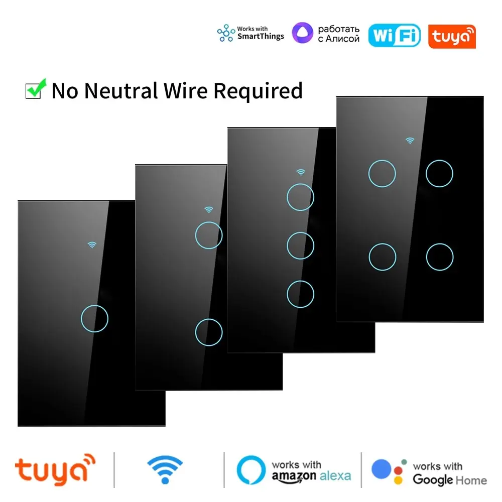 

Tuya Smart Wi-Fi + Bluetooth сенсорный настенный выключатель Американский сенсорный переключатель без нейтрального провода и нейтрального провода Alexa Google Home 110-240 В