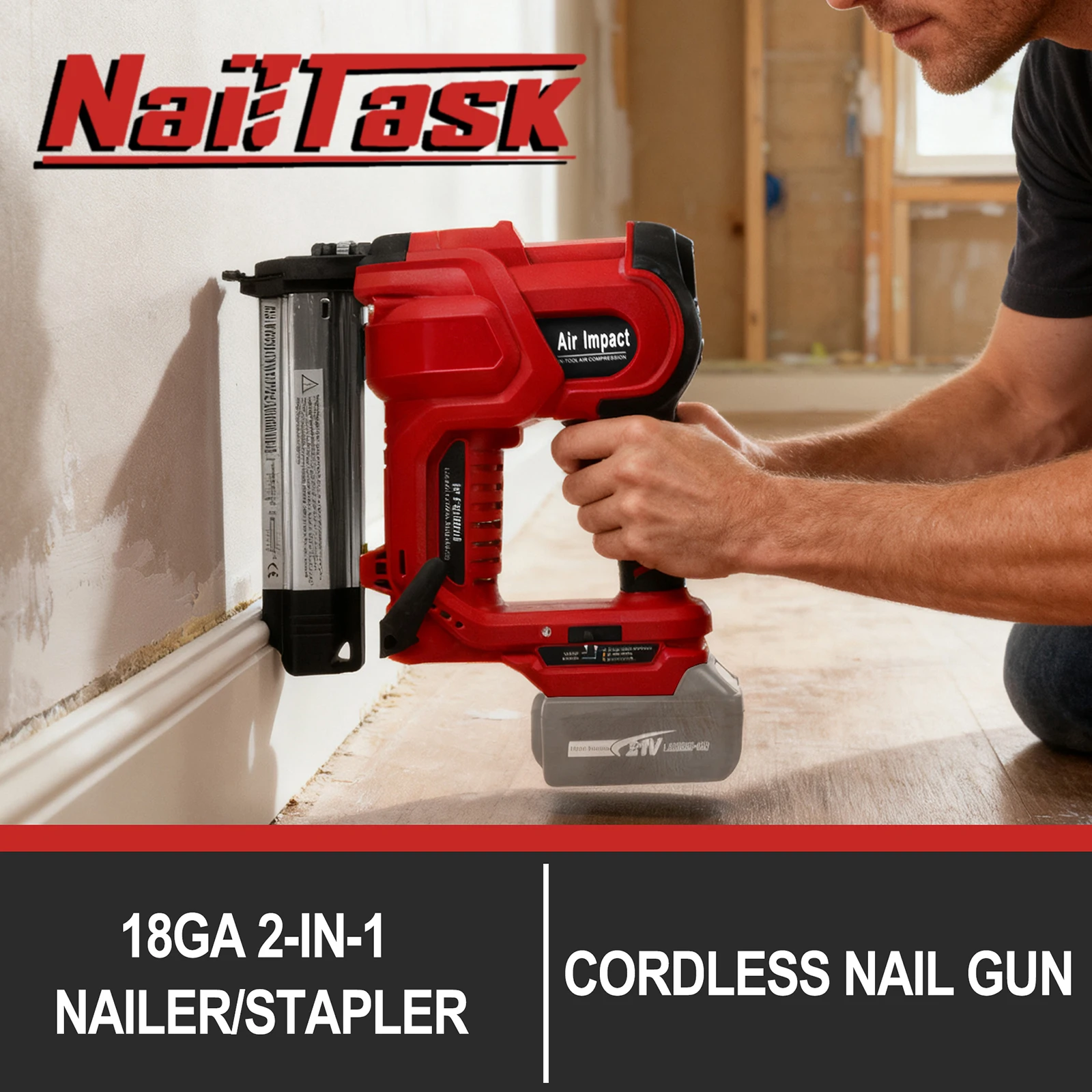 

NailTask 20V 18 Gauge 2-in-1 Cordless Nailer, Electric Brad Nailer/Stapler with Nails and Staples for Wood DIY (No Battery)