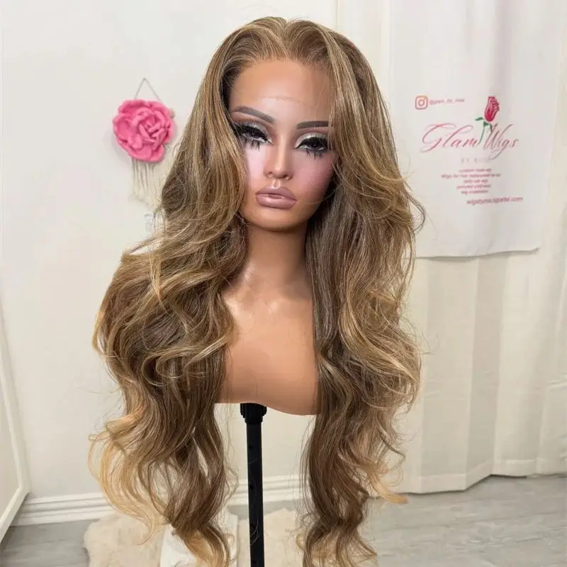 

Свободная часть Ombre Теплый Медово-Коричневый Синтетический HD Парик Фронта Шнурка Высокого Качества Парик Натуральный Предварительно Сорванные Волосы Верх Бесклеевой Парик 28 дюймов