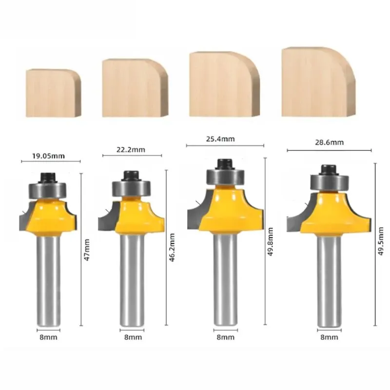 4 Pcs 8mm Shank Roundover Router Bit Set - Woodworking Milling Cutter for Edge Rounding and Chamfering