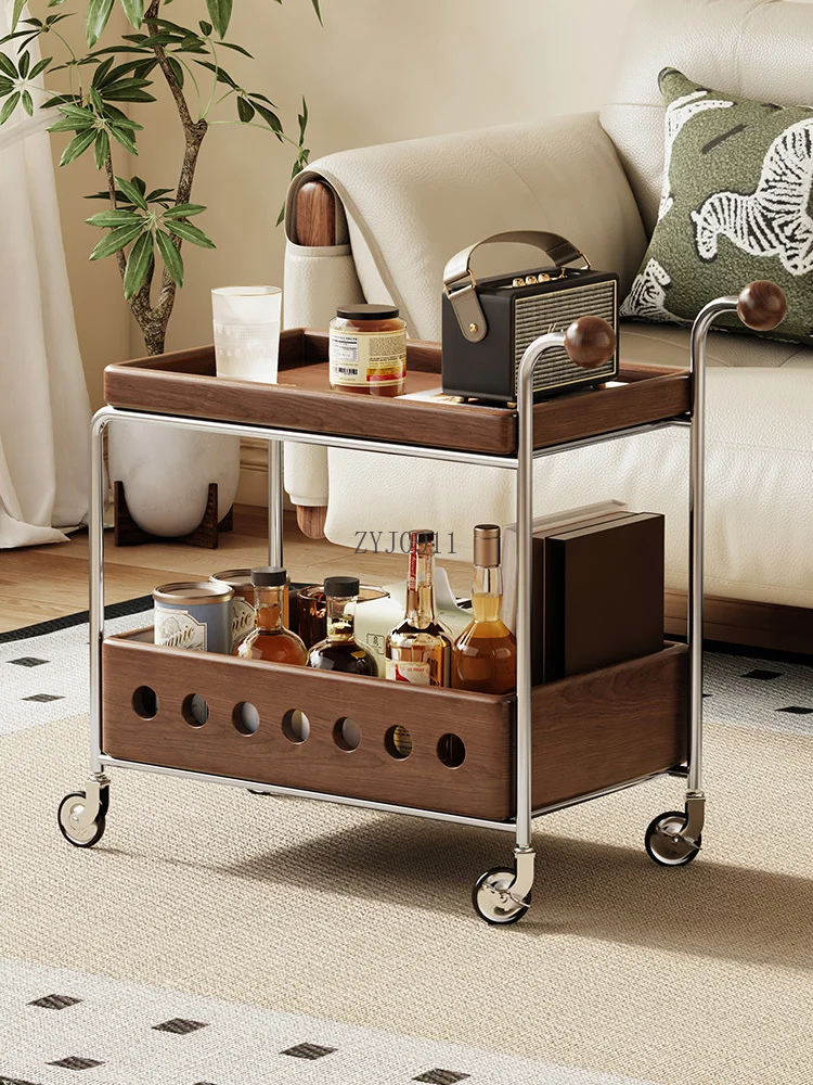 Zwarte walnootkar, opbergrek in de woonkamer, verplaatsbare massief houten salontafel bijzettafel