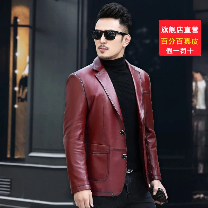 Men's Sheepskin Casual Jacket Leather Suit Korean Slim Spring and Autumn Thin Coat Tide