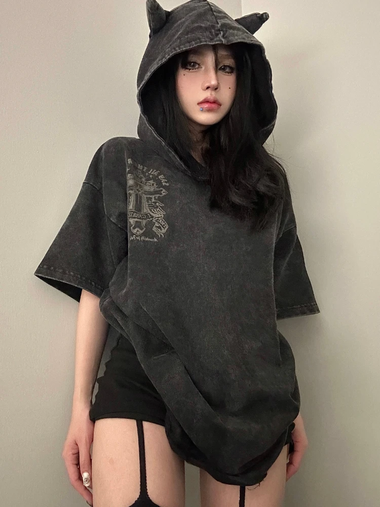 ADAgirl Black Hooded Women T-shirts Hip Hop Streetwear Harajuku Female Graphic Tees Goth Short Sleeve Tops High Street Clothing