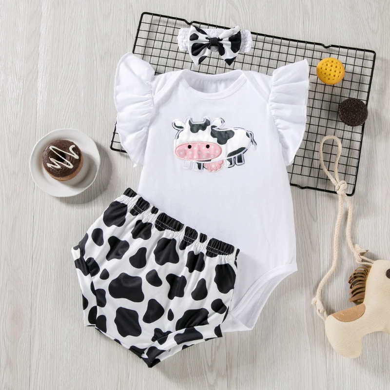 3Piece Sets Summer Newborn Girls Clothes Cartoon Cute Short Sleeve Bodysuit+Shorts Baby Clothing Toddler Boutique Outfits BC1806