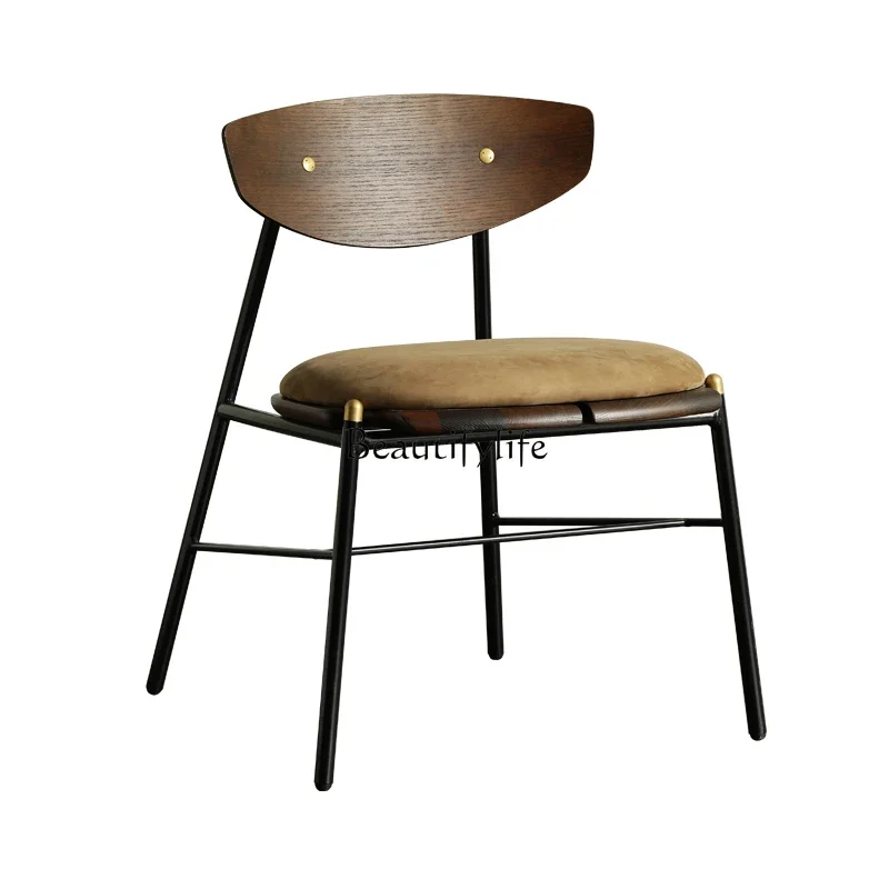

XX39Retro Nordic First Layer Cowhide Oak Backrest Metal Iron Art Leisure Office Chair Dining Chair