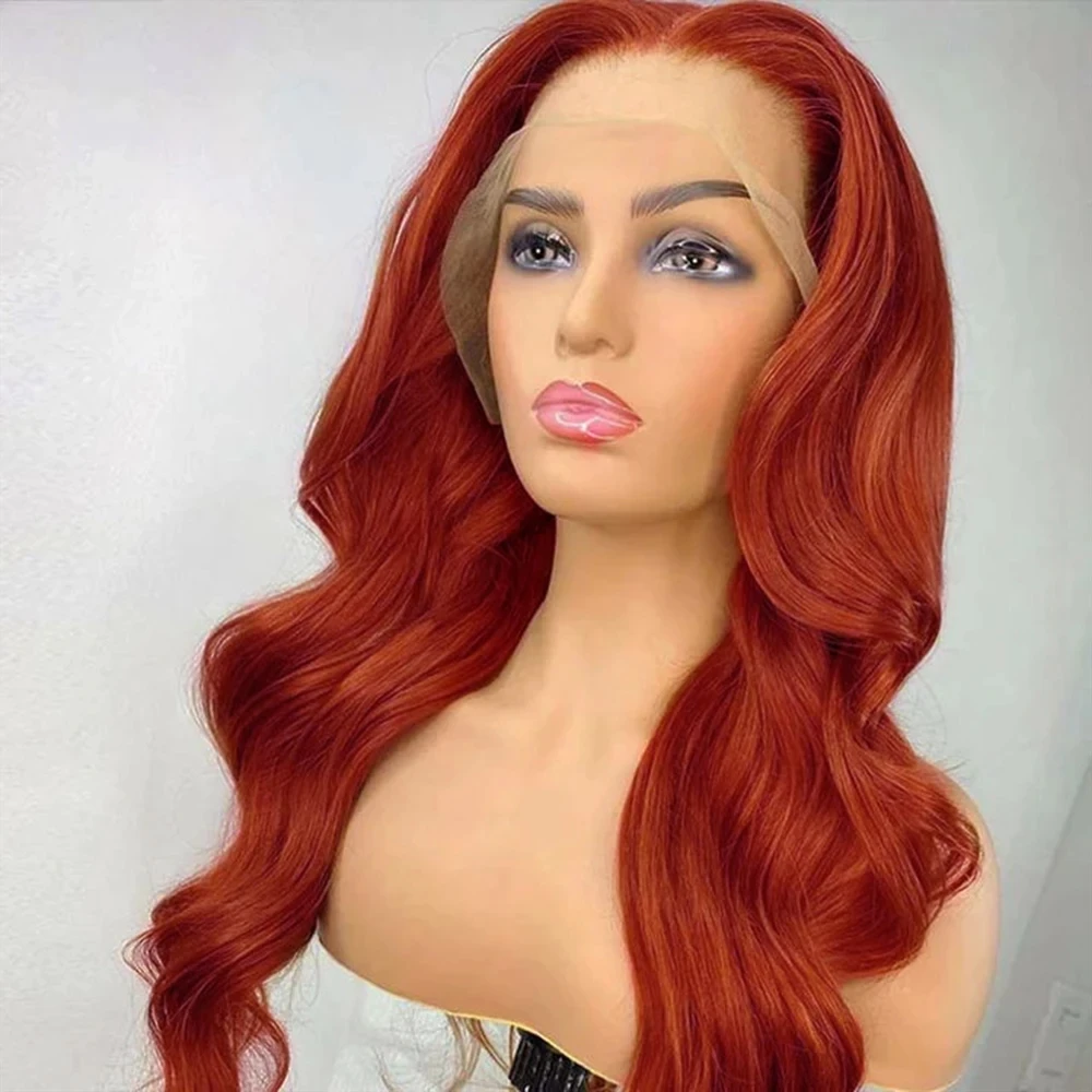 MXWIGS Body Wave imbirowa miedziana czerwona syntetyczna koronka peruki z wolna część naturalną linią włosów długie faliste peruki do codziennego