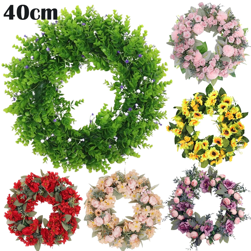 

40cm Artificial Garland Decor Door Wreath Silk Flower Rose/Sunflower/Dandelion Wreath Garland for Autumn Winter Outdoor Display