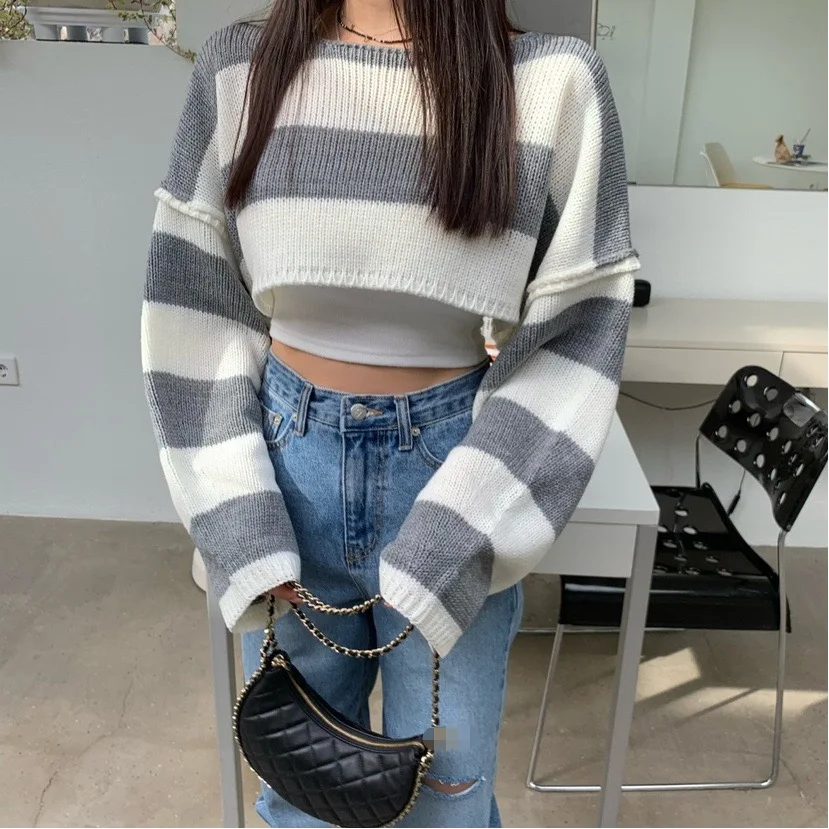 

Striped Crop Sweater for Women Long Sleeve Crop Pullover Cozy Knit Oversized Jumper Teen-girl Autumn Winter Y2K Outfit