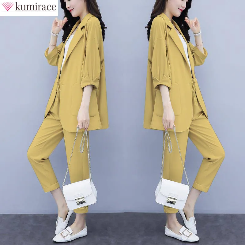 Korean Style New Pink Elegant Women's Pants Suit Fashion Loose Jacket Trousers Two-piece Set Female Office Blazer Tracksuit