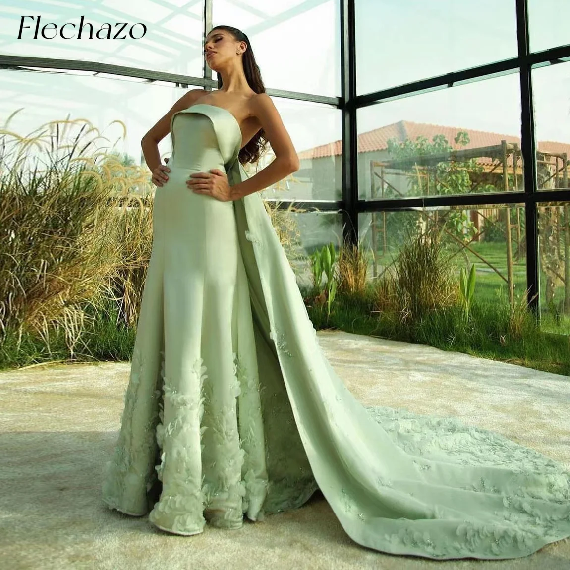 Flechazo Satin Prom Dresses Strapless Beads Handmade Petal Sweep Train Formal Occasion Party Dress For Women 2024 فساتين السهرة